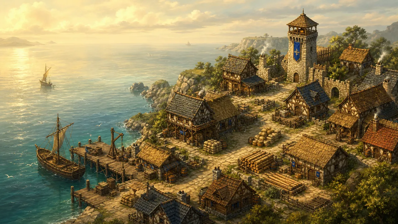 Ilustracja nadmorskiej osady Crown Harbor